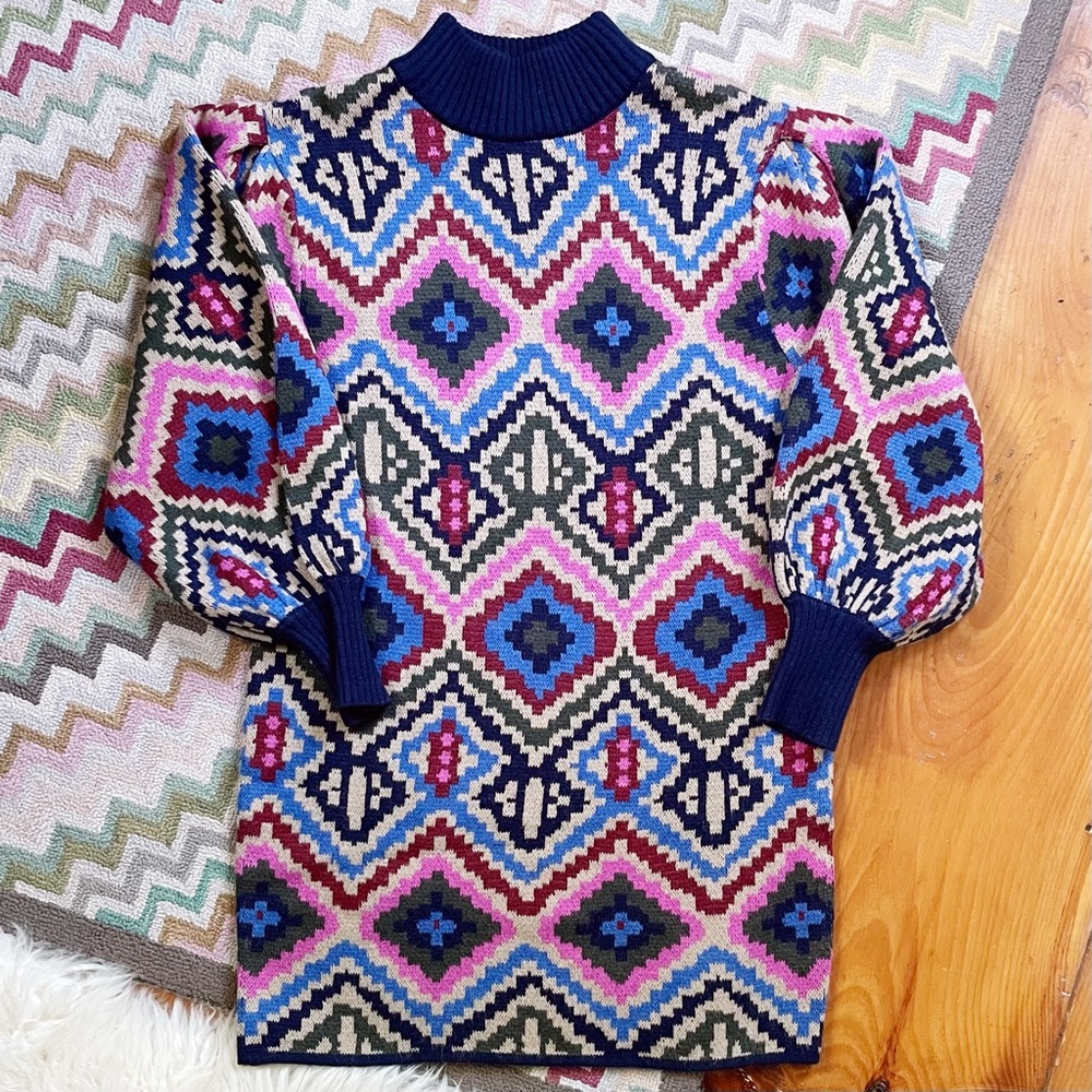 Farm Rio Rauti Puff Sleeve Sweater Dress Medium
